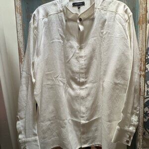 Mens White Linen Shirt with Nehru Collar XXL